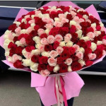 101 роза разноцветная в розовой упаковке